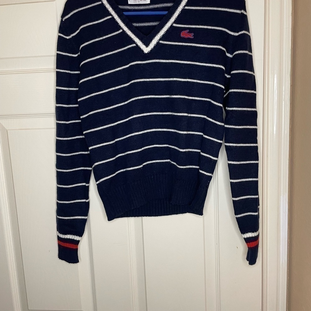 Vintage Women LACOSTE V-Neck Sweater Navy w/White Stripes & Red Crocodile 36/ Sm - Picture 9 of 10